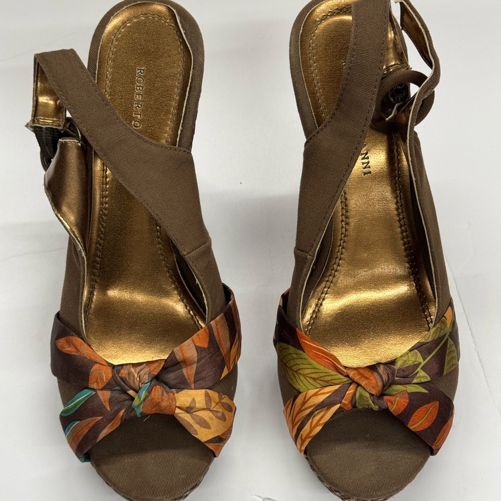 Y2K Roberto Vianni Wedge Open Toe Ankle Strap Sandals Multi Color Brown Size 7